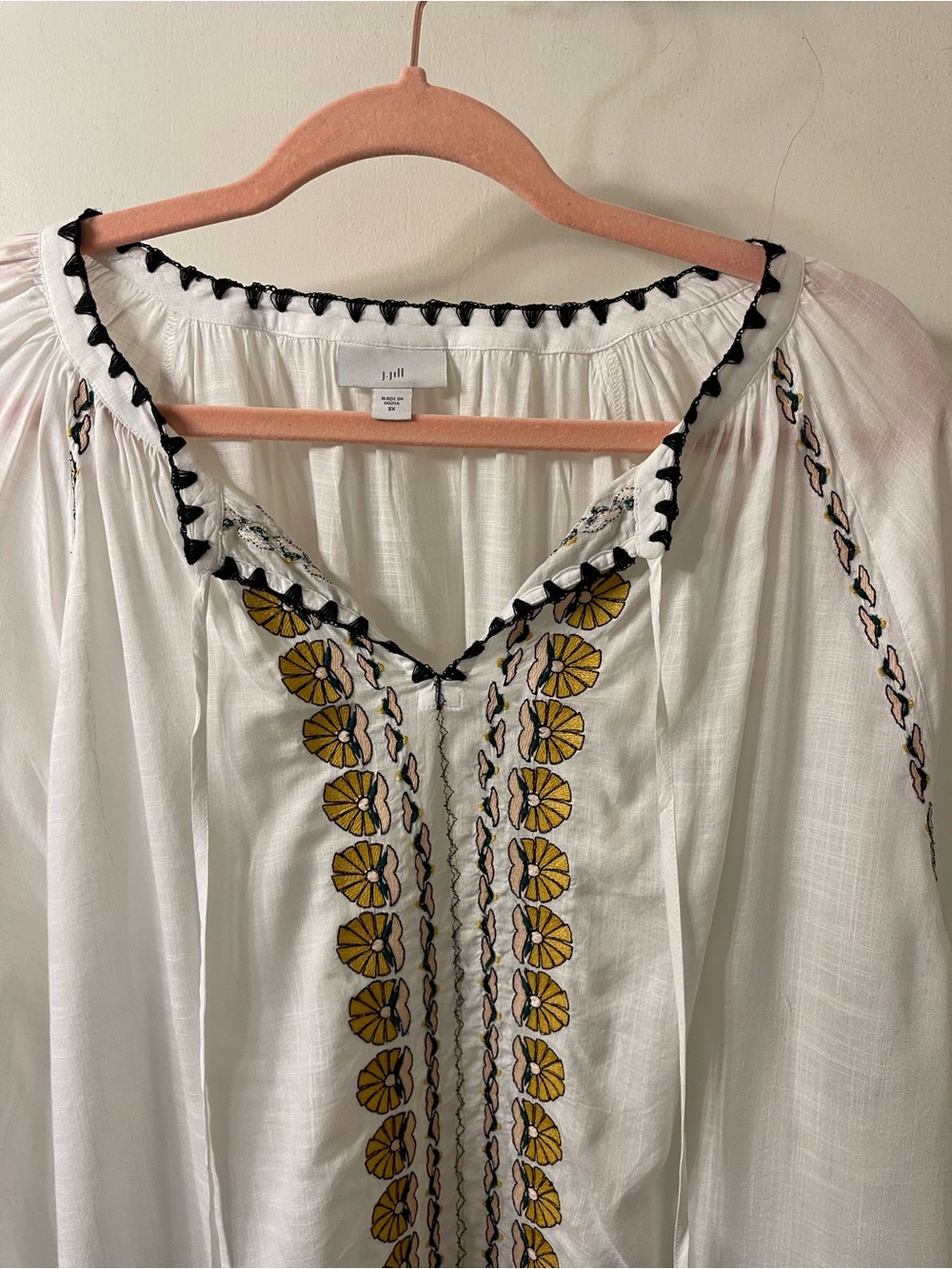 J. Jill White Peasant Tunic with Yellow Floral Embroidery Sz. 2XL #85